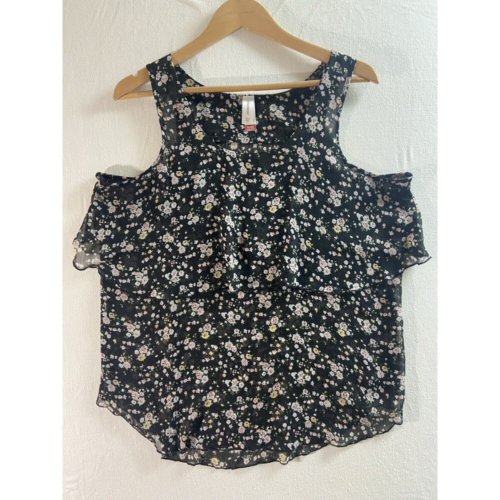 No Boundaries Top Womens Large Black Pink Floral Semi Sheer Tank Top Ruffle
